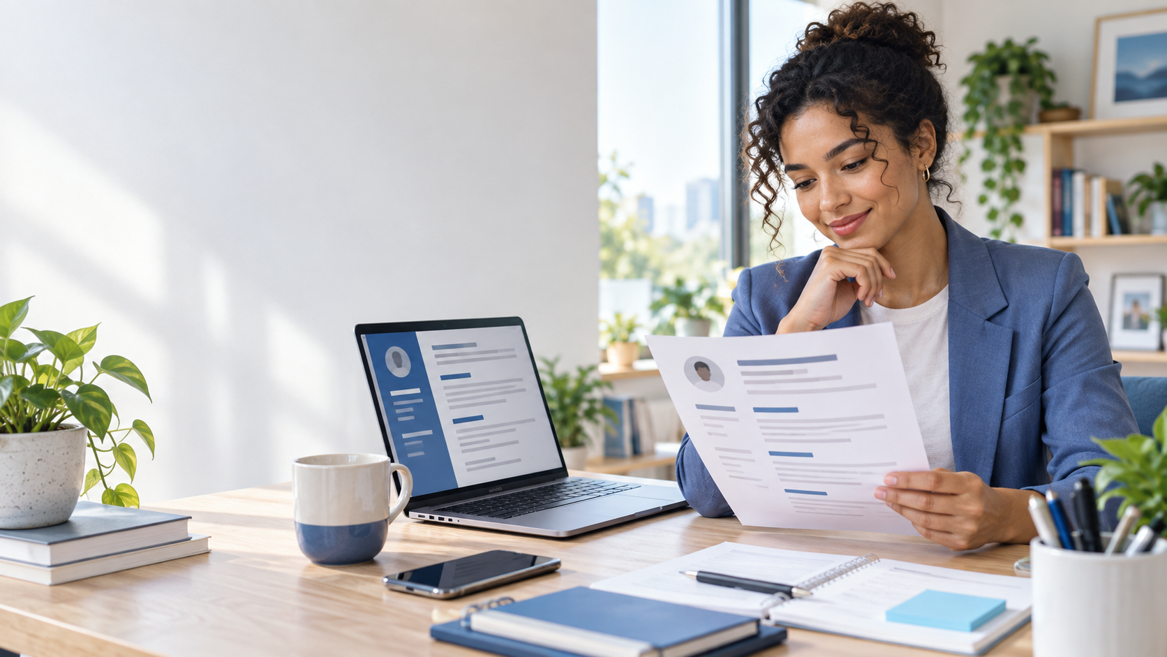 Professional reviewing an ATS-friendly CV while working on a laptop